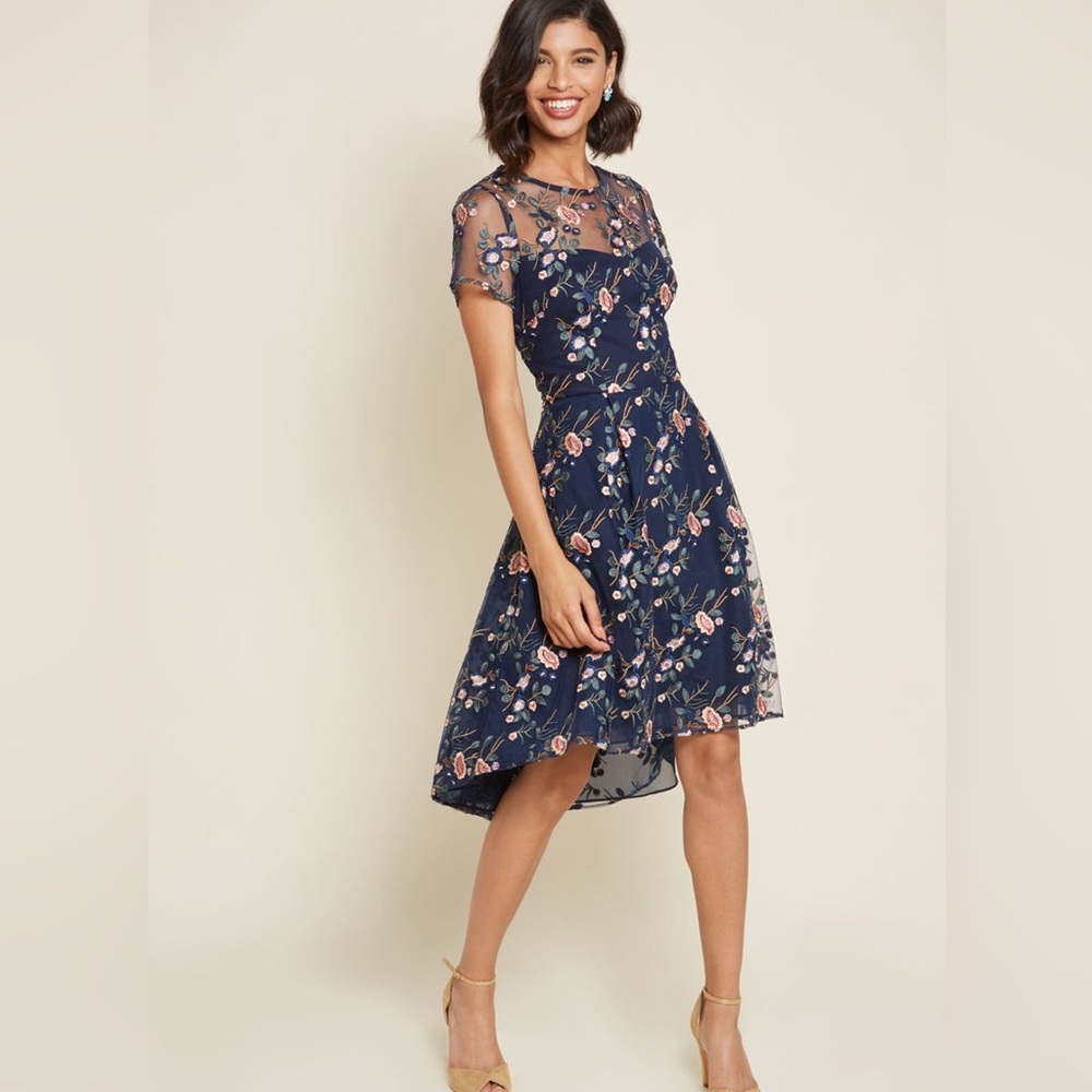 Adrianna Papell Navy Floral Embroidered Illusion Dress, Size 4 in EUC